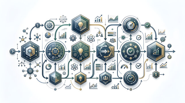 Business process workflow diagram with hexagonal icons and data analytics flow chart.