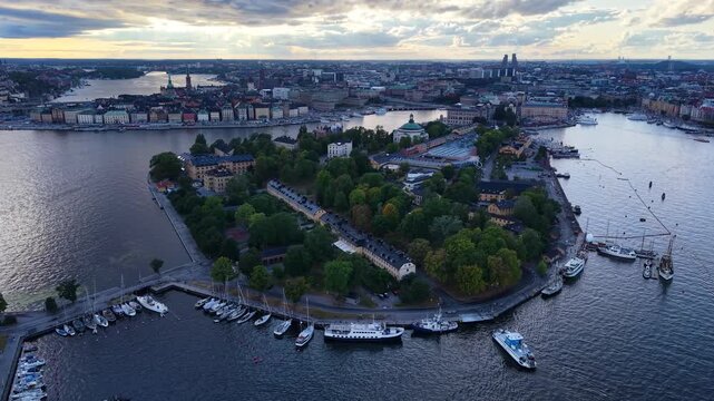 Panoramic aerial view of Skeppsholmen island in Stockholm, Sweden