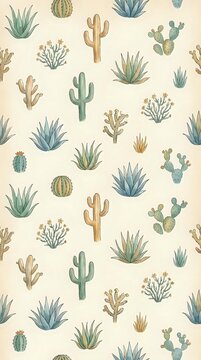 Watercolor botanical seamless pattern featuring various desert succulents and cacti in muted green, blue, and tan tones on cream background