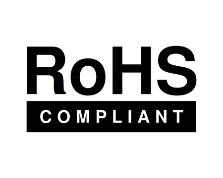 RoHS Compliant Label with Bold Black Typography and White Background, Minimal Regulatory Certification Graphic for Electronics, Environmental Standards