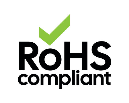 RoHS Compliant Certification Graphic with Black Typography and Bright Lime Green Checkmark, Clean Environmental Compliance Symbol for Electronics, Manufacturing