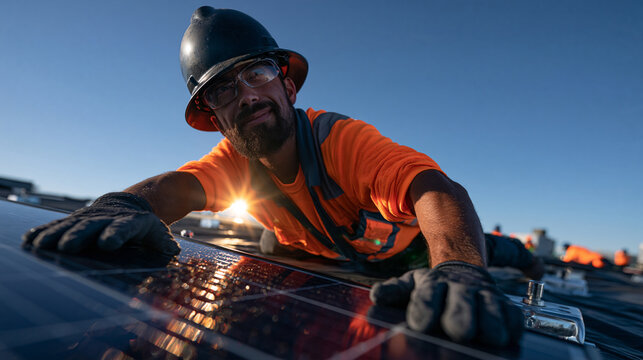 Solar Panel Technician Installing Photovoltaic Modules on Rooftop
