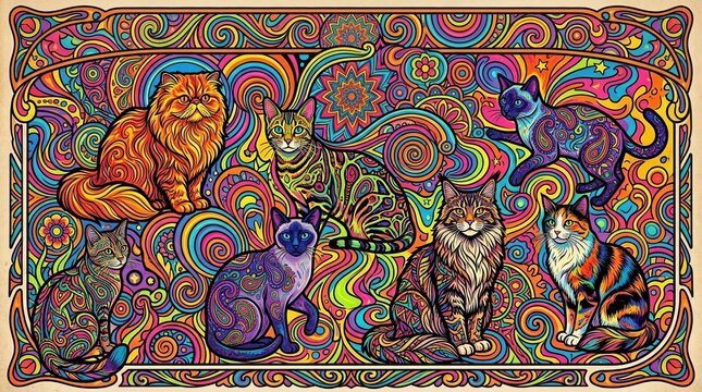 Colorful psychedelic illustration of cats surrounded by swirling rainbow patterns, celestial symbols, sun, moon and retro cosmic elements.
