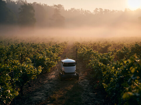 Autonomous Agricultural Robot Working in Vineyard at Sunrise