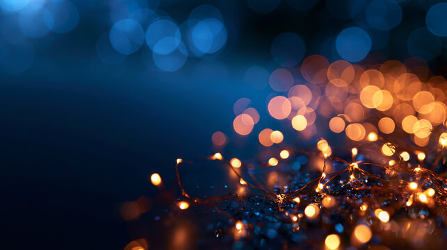 Fairy Lights with Golden Bokeh on Blue Background