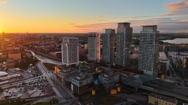 Drone shot of skyscrapers in Kalasatama district, Helsinki, Finland