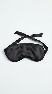 Black silk sleep mask with ribbon ties on neutral background for rest, relaxation, and wellness product photography