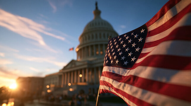 American Flag Waving in Front of US Capitol Building