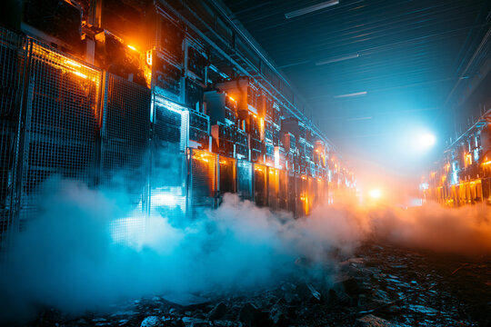 Data Center Server Room with Cooling Mist and Dramatic Lighting