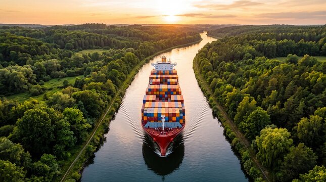 Container Ship Navigating Through Canal at Sunset