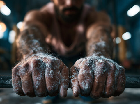Close-Up of Muscular Athlete Hands with Chalk Gripping Barbell