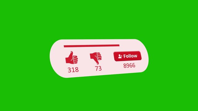 Animated Follow Button With Like And Dislike Counter On Green Screen Background For Video Editors And Creators