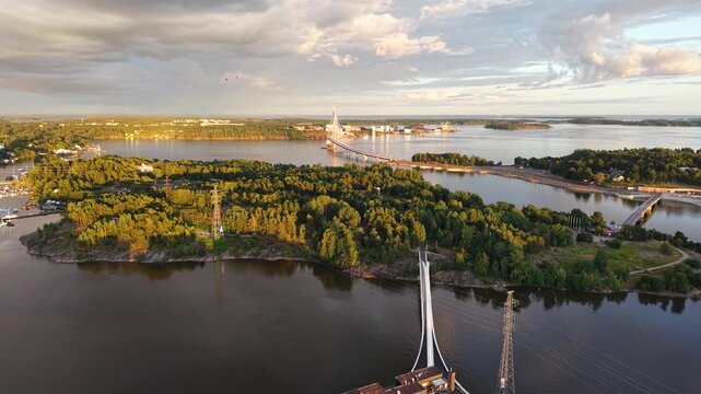Aerial shot of Kruunuvuorensilta cable-stayed bridge, Helsinki