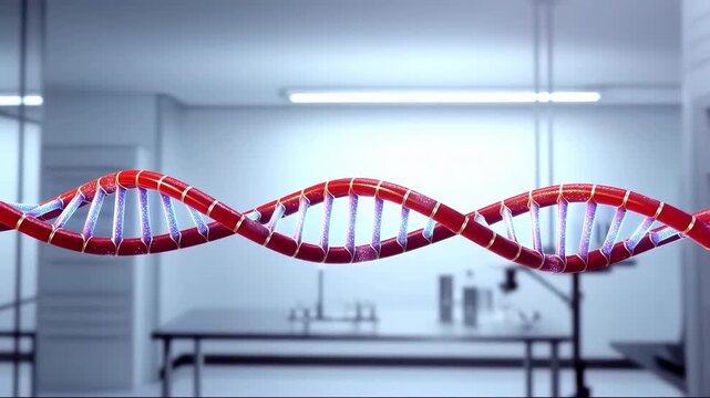 DNA double helix emerges as red and gold geometric panels break apart and fall away, revealing a glossy red and blue molecular strand across a softly lit laboratory interior