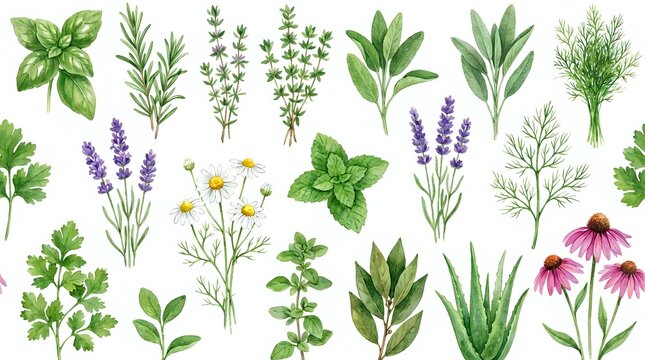 Botanical illustration featuring fresh herbs and flowering plants including lavender, mint, chamomile, and echinacea arranged on white background