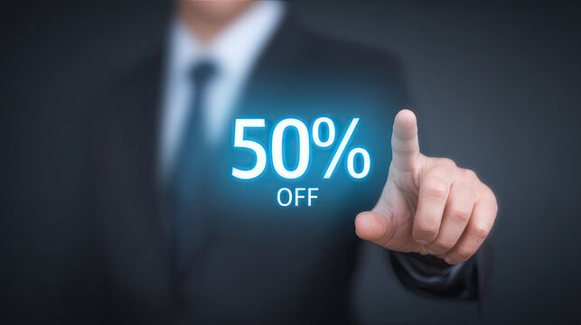 Businessman pointing at glowing discount icon, emphasizing promotional offer with enthusiasm and professionalism