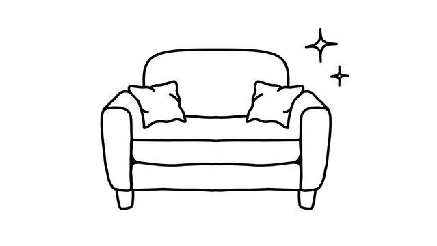 Minimalist hand-drawn clipart style doodle illustration of a comfortable clean couch with pillows and sparkles, isolated on a transparent background.