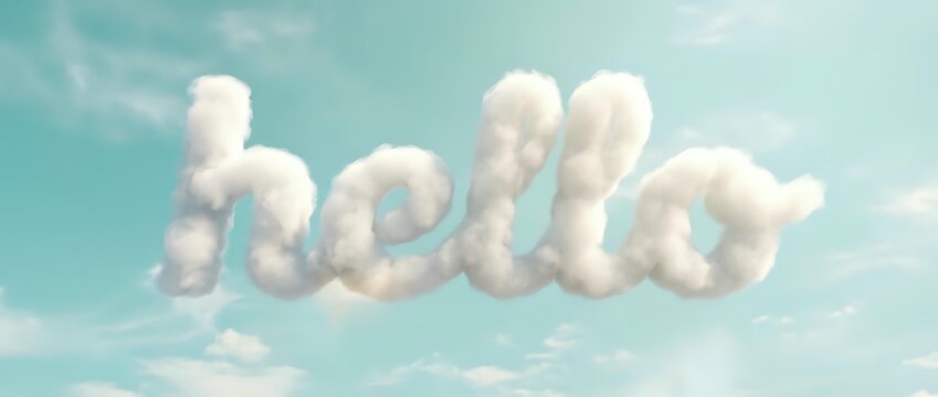 Hello written in fluffy white clouds against a bright turquoise sky with soft white clouds scattered throughout