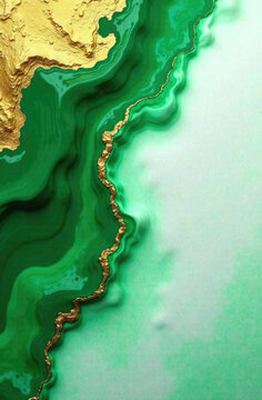 Epoxy composition with green and white flows and shimmering golden lines. Perfectly smooth surface for design solutions and background images