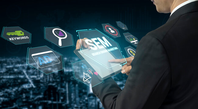 Businessman using digital tablet for search engine marketing analysis in futuristic city backdrop with technology and data icons surrounding him Fluxor.