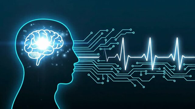 A medical monitoring concept featuring a glowing brain and an ECG&mdash;suitable for themes such as digital healthcare, telemedicine, diagnostics, and health monitoring.