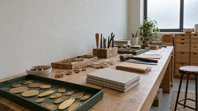 Metal oval discs and tools are arranged on a long wooden workbench, with small trays and fabric stacks placed beside a wooden drawer cabinet