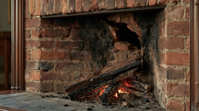 Close-up of a home fireplace with a cracked or damaged chimney flue visible inside, accompanied by visible creosote buildup along brick walls, illustrating critical residential