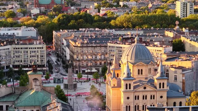 Aerial view of Liberty Square (Plac Wolnosci) in Lodz, Poland