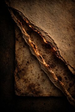 Diagonal tear in textured vintage parchment paper revealing a glowing ember light from behind