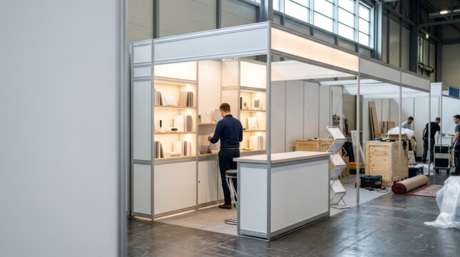 Illuminated exhibition booth ready for opening, with unpacked spaces and setup crew in background at trade show hall
