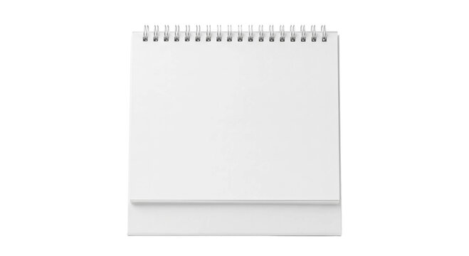 Blank spiral bound desk calendar with white pages and a sturdy base