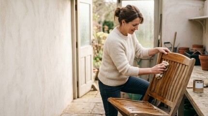 Fototapeta premium Woman applying oil to teak garden chair in sunlit shed for winter storage, warm light and copy space