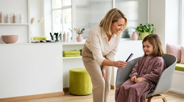 Hairdresser gently offers comb to shy child in modern salon, first haircut experience, bright and welcoming atmosphere