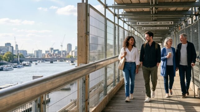 Diverse group walks on urban bridge walkway with city and river view, symbolizing progress and connection