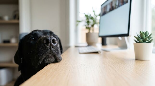 Black dog's curious nose over desk in bright home office during video call, ample copy space