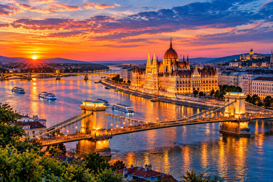 Budapest cityscape with parliament and Danube at Sanset 
