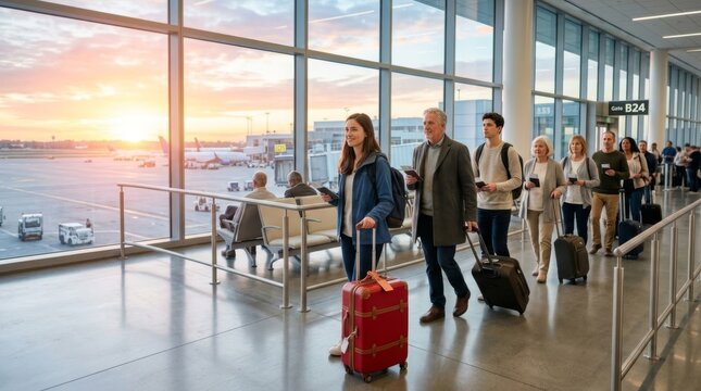 Diverse group of travelers with luggage walking through airport terminal towards Gate B24 at sunrise