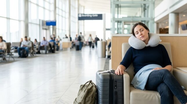 Tired traveler sleeping with neck pillow in airport lounge, waiting for flight with luggage