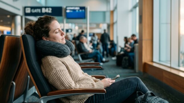 Woman sleeping with neck pillow at airport gate waiting for flight, relaxing travel experience