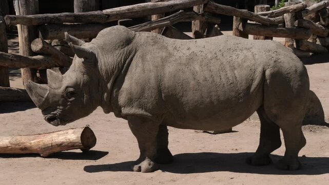 White Rhinoceros (Ceratotherium simum) standing outdoors, full view