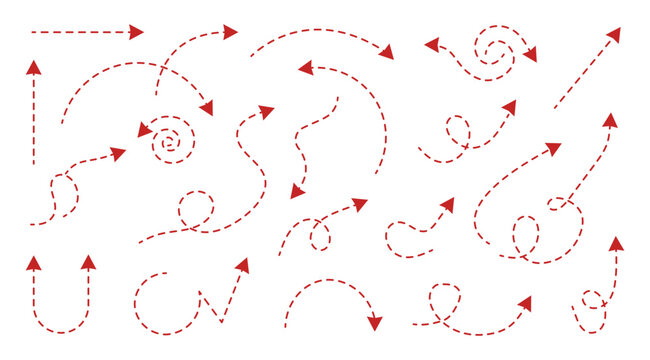 Set of curved dotted line arrow set. Squiggly dotted arrow, vector dashed curved line arow set. Curved dotted line arrow set.