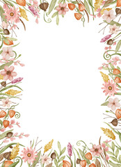 Fototapeta premium Watercolor Autumn Wildflower Frame With Physalis, Pink Flowers and Seed Pods. Wedding Stationery, Harvest Posters and Greeting Cards PNG Clipart on Transparent Background