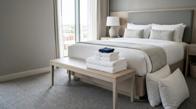 Clean hotel linens stacked on bench beside bed in modern room, signaling meticulous housekeeping and guest turnover
