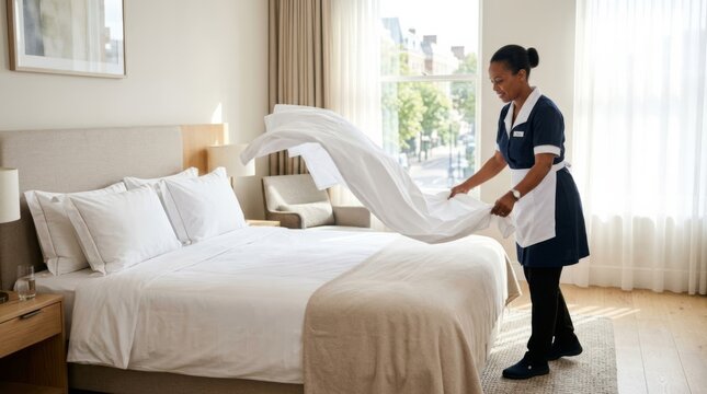 Hotel housekeeper changing sheets in a bright, modern bedroom with natural light, ensuring guest comfort and cleanliness.