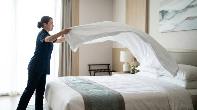 Hotel housekeeper making a bed with crisp white sheets in a bright, modern hotel room with neutral decor
