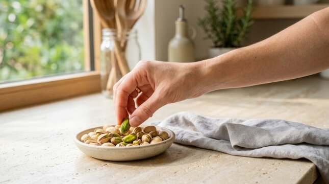 Hand picking a vibrant green pistachio kernel from a shallow dish of nuts on a sunlit kitchen countertop, healthy snack lifestyle