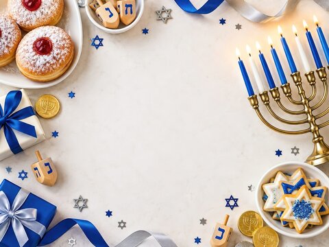 Hanukkah celebration with a lit menorah, dreidels, coins, gifts, and traditional sweets on a light background with ample space for text