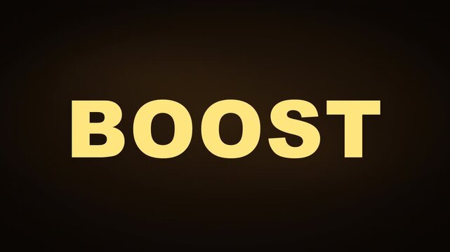 BOOST typography gradually filled with animated yellow-orange liquid rising smoothly from the bottom of the letters. Flowing wave surfaces, subtle reflections, transparent highlights and deep amber gr