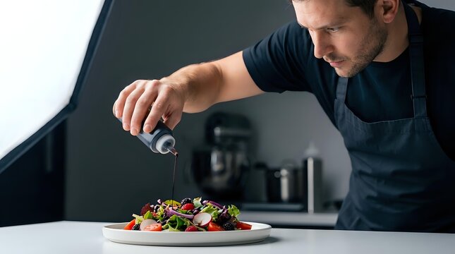 Male chef with light skin tone in dark apron seasoning fresh salad with salt shaker in modern kitchen
