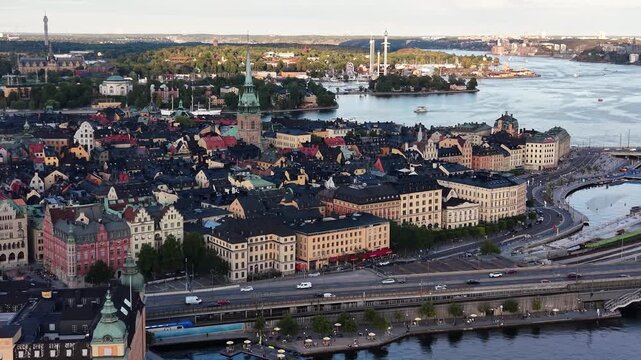 Flight over Gamla Stan (Old Town) skyline in Stockholm, Sweden
